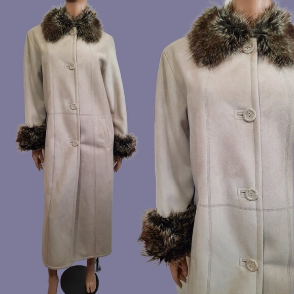 Vintage Penny Lane Coat 90s Y2K Beige Faux Fur Faux Suede Full length Size M - Picture 1 of 12